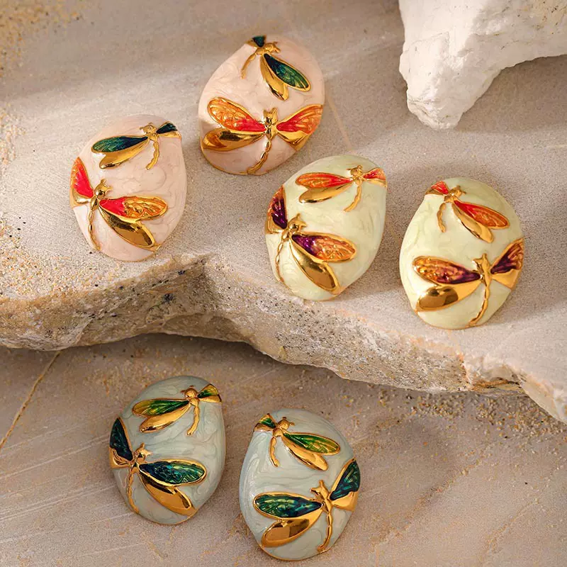 跨境欧美椭圆形不对称滴油蜻蜓图案耳环女个性时尚不锈钢镀金耳环