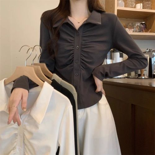 Pure Desire Windy Sensual Pleated 2025 Unique Design Slimming Versatile Waist-Tightening Long-Sleeve Women's Shirt Top