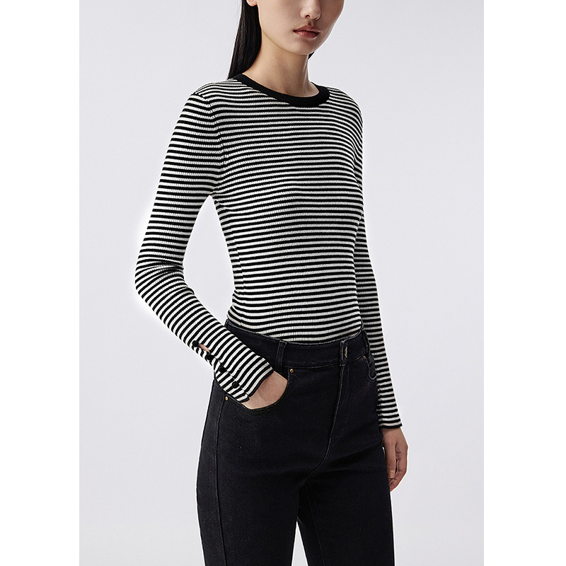 【Lang*Order】2025 Winter New Simple Slim Fit Striped Knit Sweater Elegant Versatile Casual Base Shirt for Women