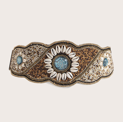 New Women's Bohemian Turquoise Handmade Shell Glass Bead Waistband Ethnic Style Travel Photography Elastic Snap 