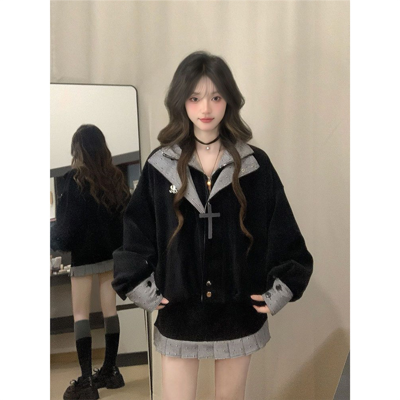 学院风撞色拼接翻领外套女2025秋季新款ins宽松百搭休闲夹克上衣
