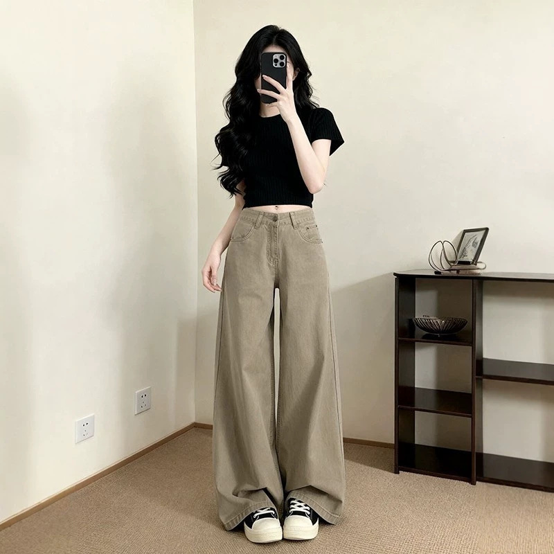 American-Style Khaki High-Waisted Wide-Leg Jeans for Women, Summer 2026, Slimming Loose Straight-Leg Drapey Floor-Length Pants