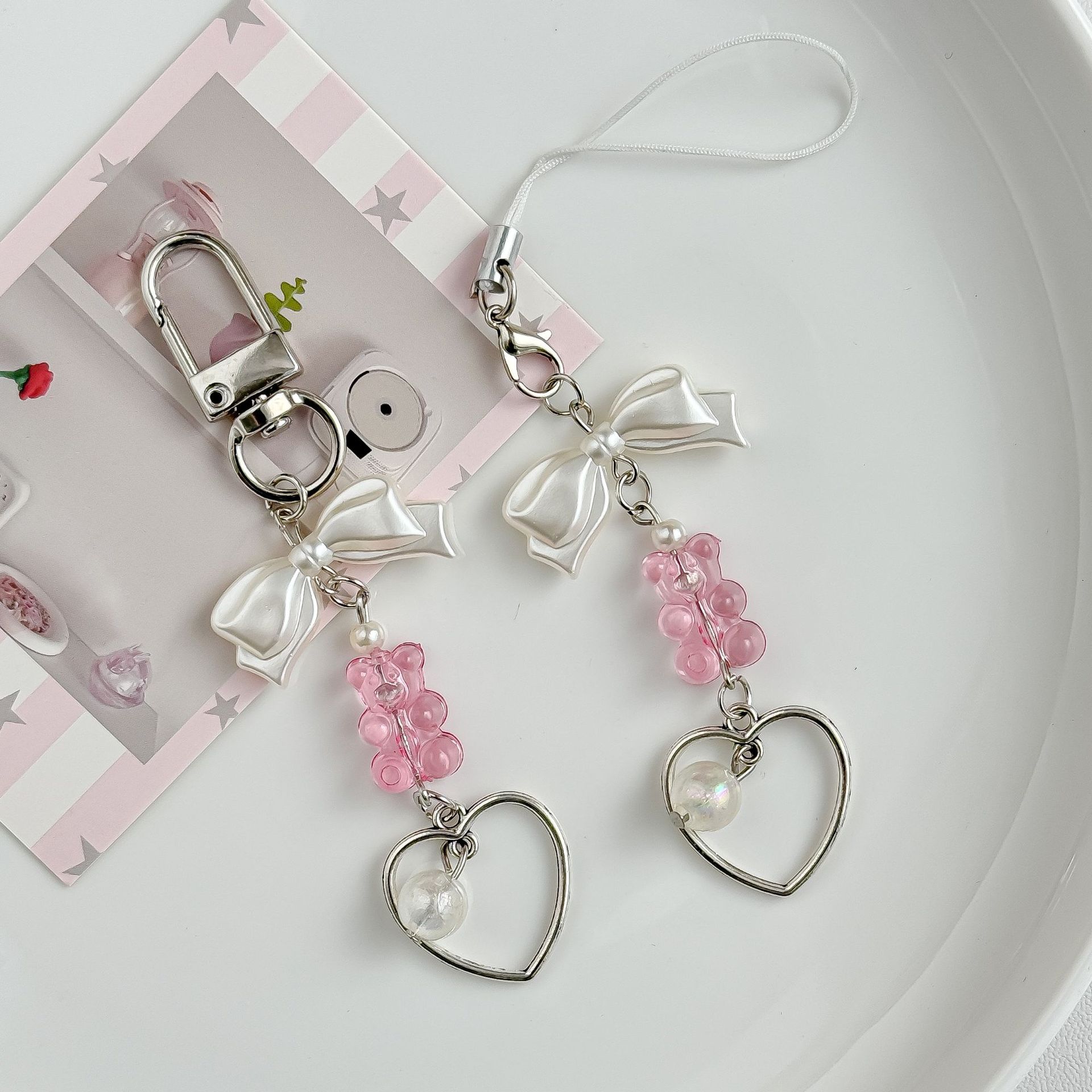Niche design pendant sweet bow mobile phone chain pink bear car key chain bag goo this card bag pendant