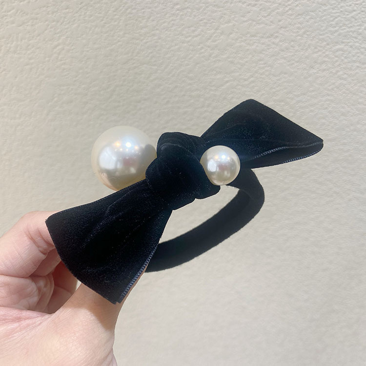 Elastico per capelli in velluto con perle grandi fiocco nero_voghion.com