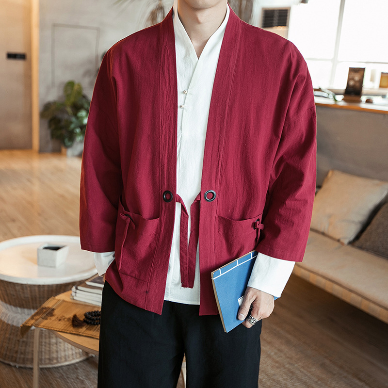 Chaqueta de punto con hebilla de disco retro Hanfu de estilo chino para hombres de estilo antiguo Chaqueta suelta de manga tres cuartos de gran tamaño