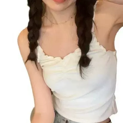 带胸垫木耳边吊带夏季甜美bm风别致V领褶皱显瘦短款内搭背心裹胸