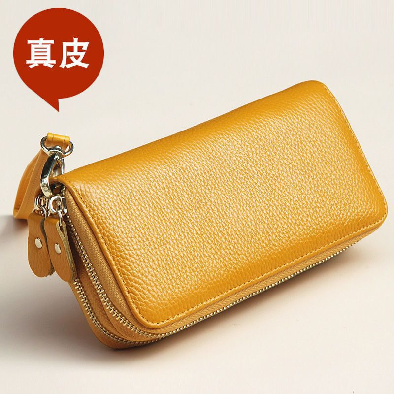 Genuine Leather Double Zipper Wallet Yellow Lucky Long Wallet for Men and Women Large Capacity Simple Multi-Functional Wallet Mobile Phone Bag