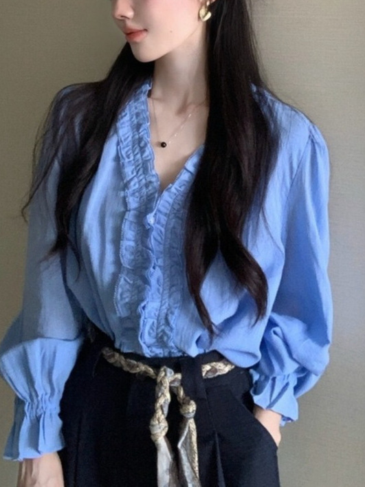 法式小资蓝色木耳边长袖衬衫女秋季新款高级感宽松显瘦喇叭袖上衣|undefined