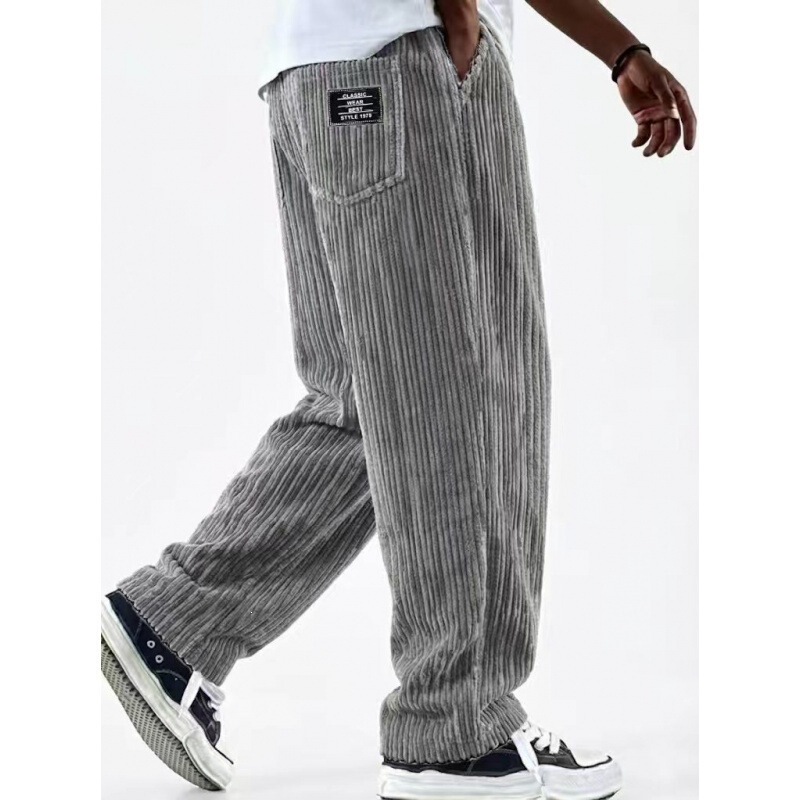 2026 European and American Men's Wide Corduroy Ribbed Logo Pocket Casual Loose Straight-Leg Pants Cross-Border Men's Clothing