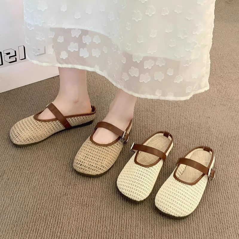 French-Style Flat Fishnet Hollow Birkenstock-Style Mule Slippers for Women, Summer 2025 New Slip-On Sandals