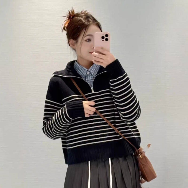 Non-Market Goods~Shenzhen Nanyou High-End European-Style Women's Navy Blue Striped Half-Zip Wool Long-Sleeve Sweater