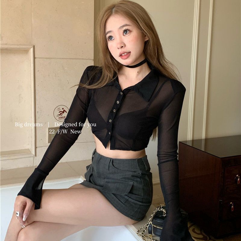 辣妹复古网纱长袖衬衫女春秋新款百搭气质修身短款上衣打底衫