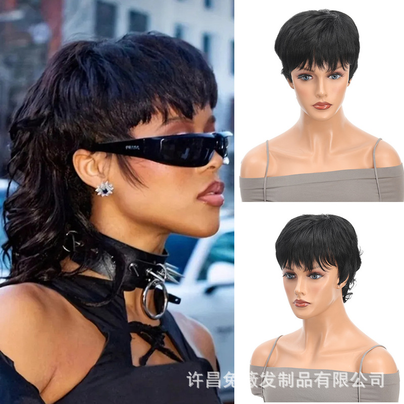 Dovetail roll short wig headgear loose curly wig black ladies short elf cut wig factory wholesale