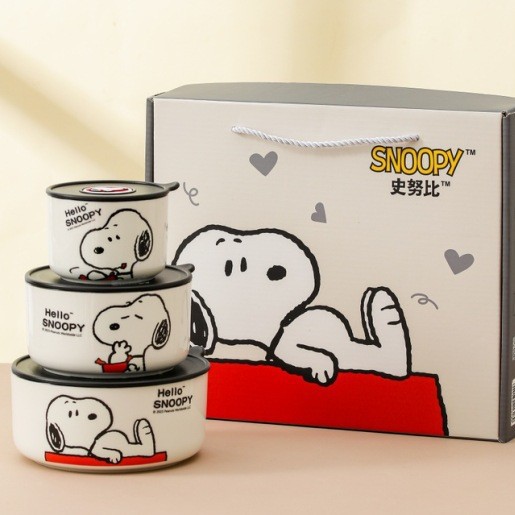 Snoopy genuino tazón de mantenimiento fresco regalo de tres piezas con tapa cerámica de dibujos animados linda caja de regalo de alta gama dos piezas