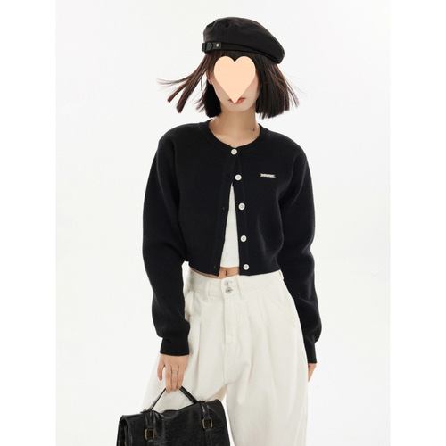 Grey Short-Sleeve Square-Shoulder Knit Cardigan Women's Spring Early Autumn 2025 Petite Size Outerwear Thin Top for Layering