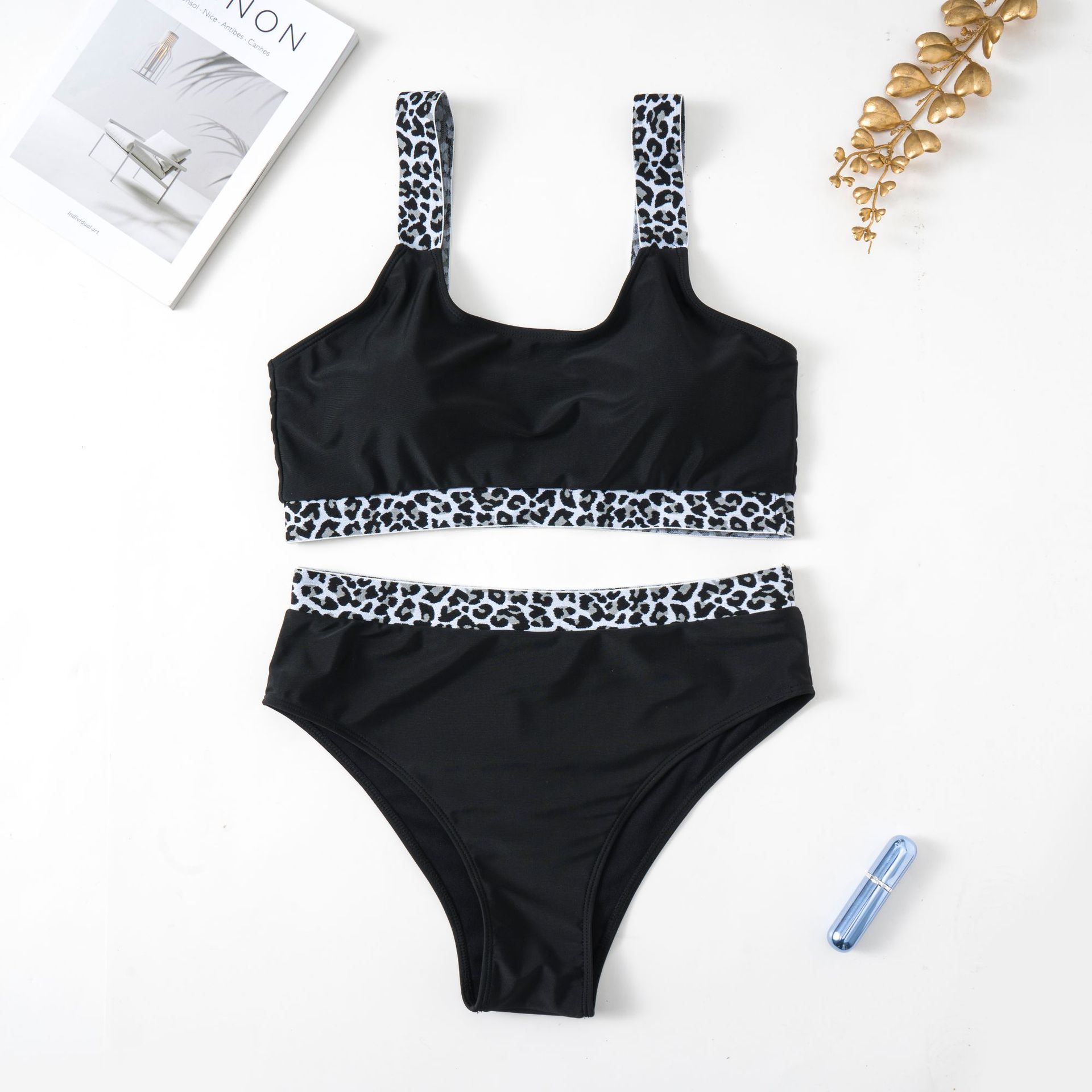New European American Style Plus-Size Tank Top Bikini With Solid Color And Leopard Print, High-Waisted, Popular On_ecoleips.com