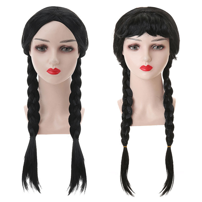 Amazon Halloween Middle Black Woven Double Ponytail Braid Wednesday Dress Black Wig with Bangs Amazon Halloween Middle Black Woven Double Ponytail Braid Wednesday Dress Black Wig with Bangs