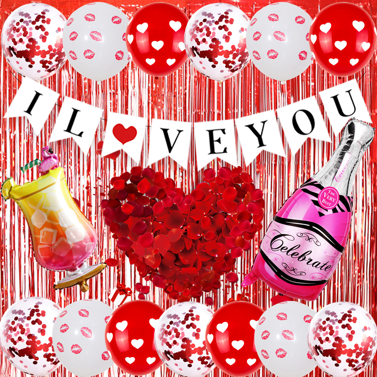 Día de San Valentín tema Fiesta abrazo oso lluvia seda cortina bandera globo traje rojo en forma de corazón globo diseño Decoración