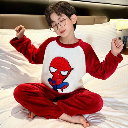 Children's sleepwear flannel winter for girls and boys coral velvet one-piece hooded set for middle-aged children boys home wear set