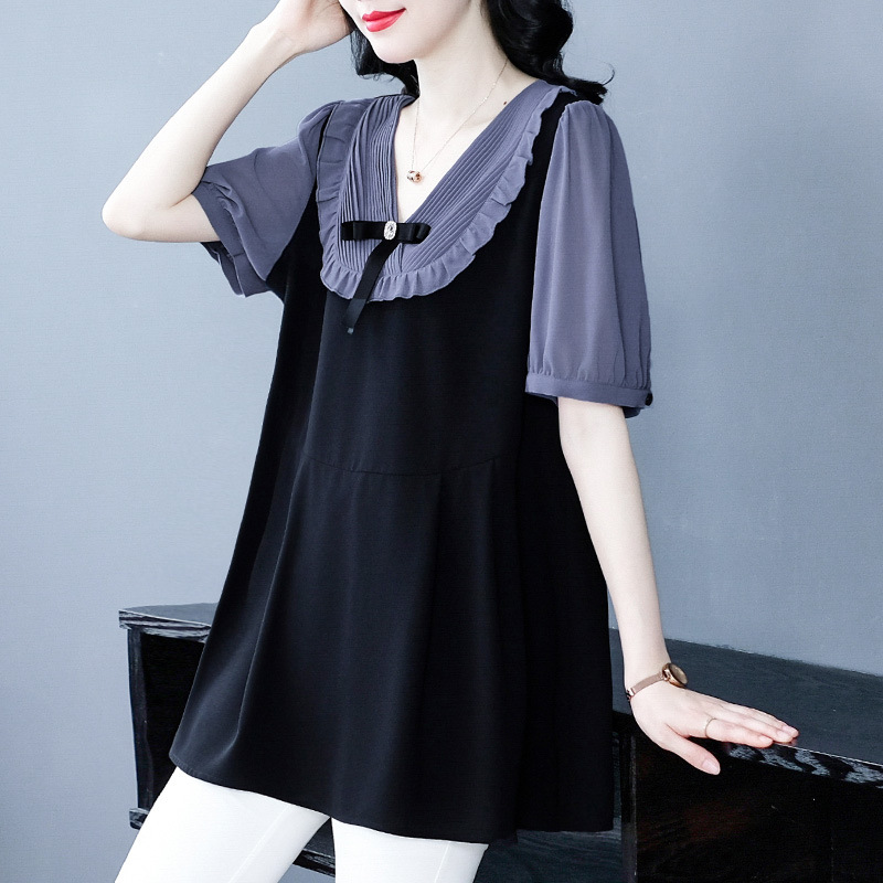 Summer trendy loose-fitting two-piece style short-sleeved top with bow, suitable for mothers, youthful and elegant, plus size.
