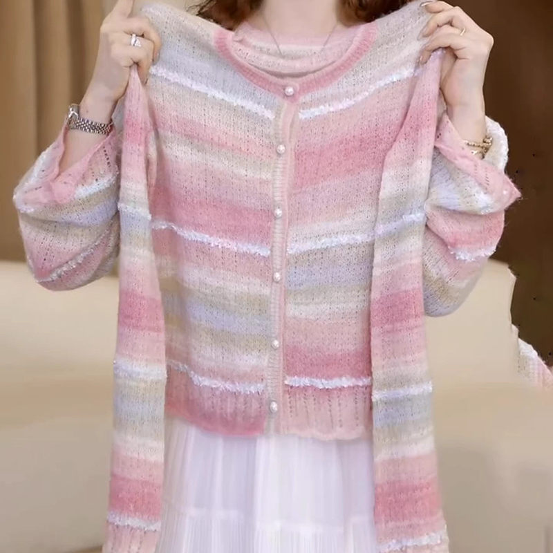 Rainbow striped thin knit cardigan for women, autumn outerwear, 2026 new Korean style casual long-sleeve top Rainbow striped thin knit cardigan for women, autumn outerwear, 2026 new Korean style casual long-sleeve top