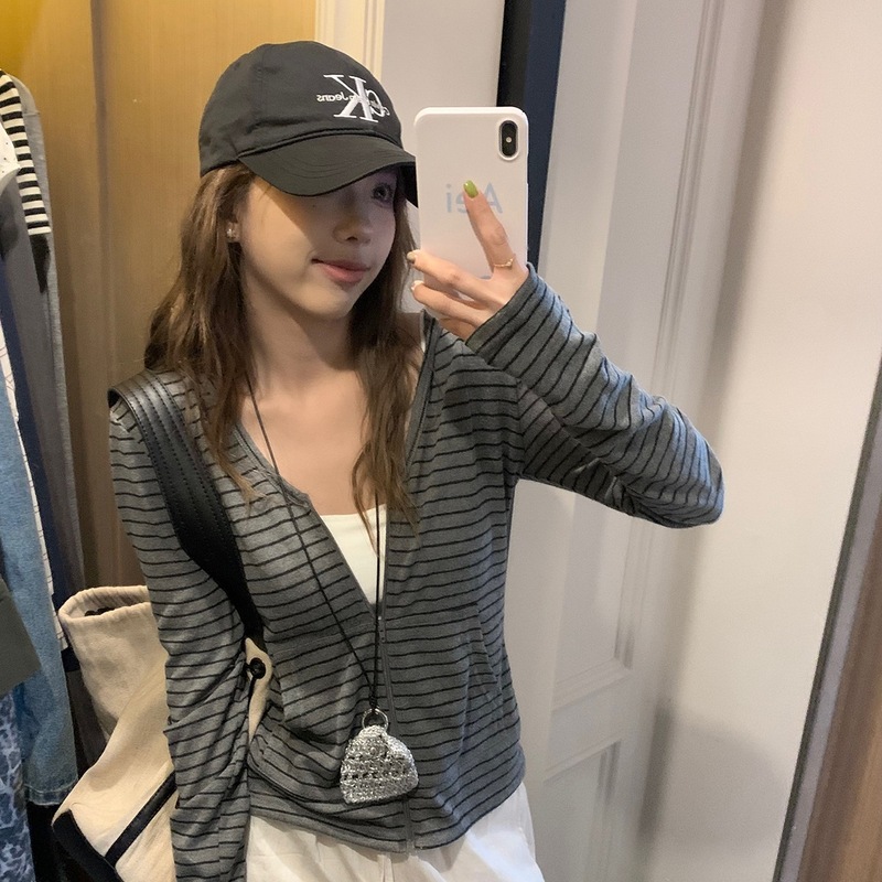 夏季薄款条纹拉链防晒开衫女2025新款百搭修身显瘦小众设计感外套|undefined
