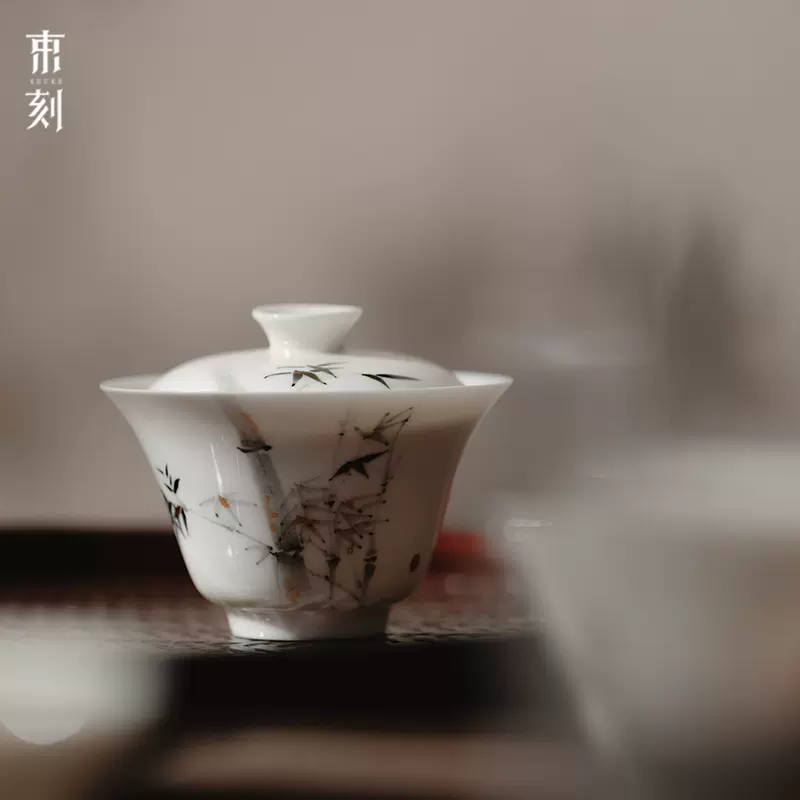 束刻玉瓷手绘新凡墨竹盖碗手工陶瓷薄胎泡茶碗不烫手功夫茶具家用