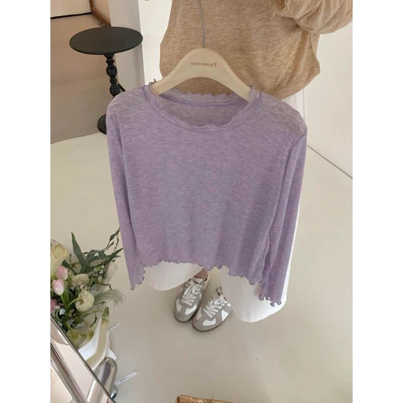 Thirteen Lines Korean Style Soft and Gentle Style with Skin-Friendly Inner Long-Sleeved Bottoming Shirt Pure Color Thin T-Shirt Top