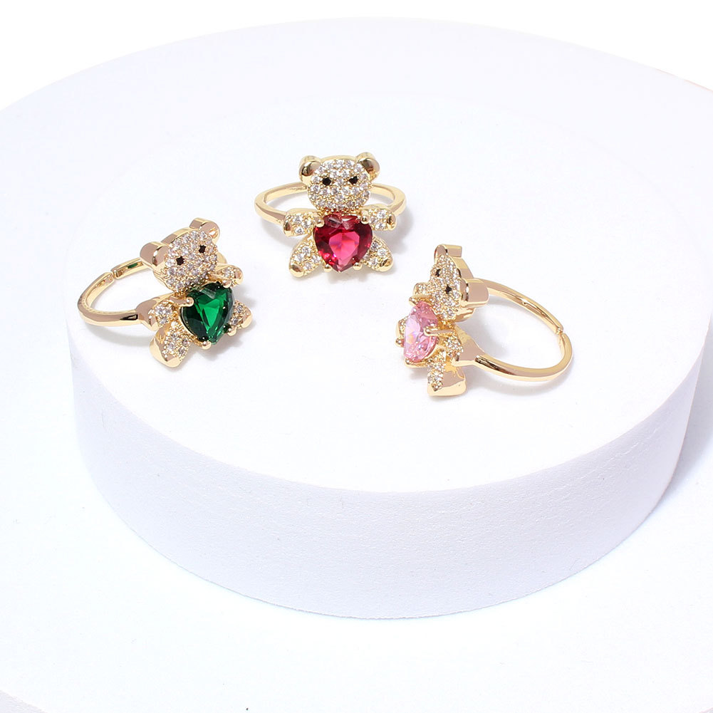 Copper-plated Love Micro-inlaid Zircon Bear Ring Personality Creative Opening Adjustable Ring display picture 3