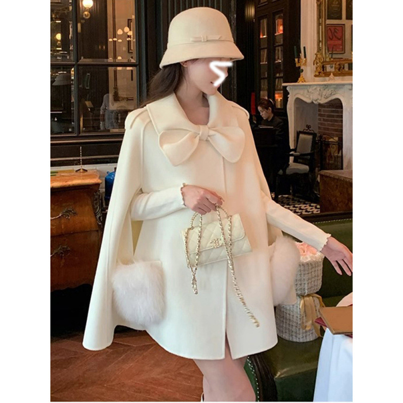 2024 Autumn and Winter Real Fox Fur Double-Sided Wool Coat Women's Cape Small 100 Wool Coat