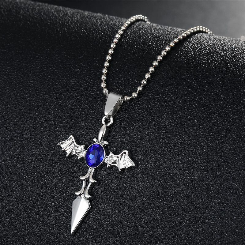 Fashion Blue Diamond Cross Big Wing Alloy Necklace display picture 4