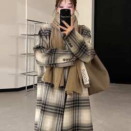 2023秋冬加棉加厚长款妮子大衣女过膝感小个子毛呢外套学院风