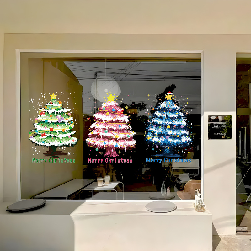创意圣诞节场景布置玻璃贴纸圣诞树门贴橱窗门上节日商场商铺窗花