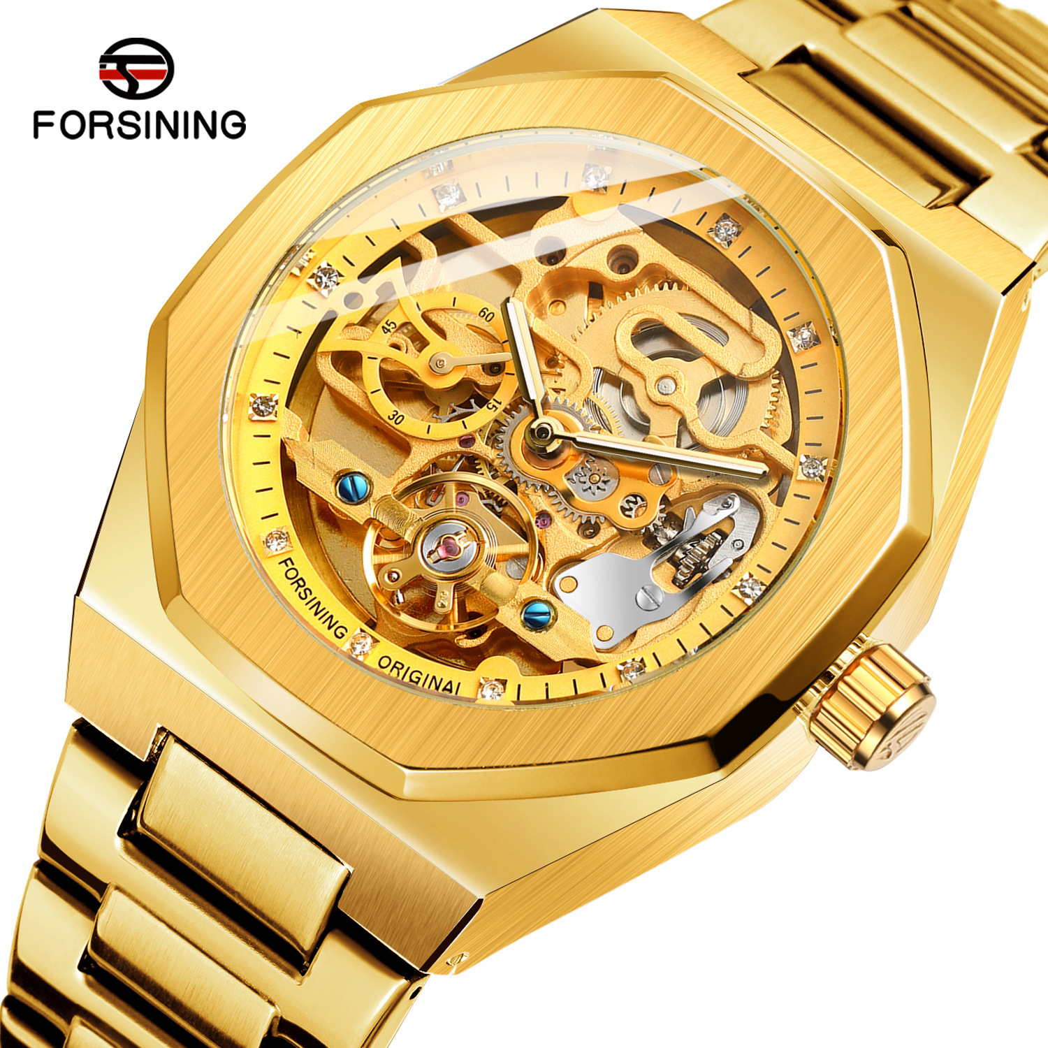 Forsining/fusini hombres casual reloj hueco volante automático reloj mecánico rhinestone hombres