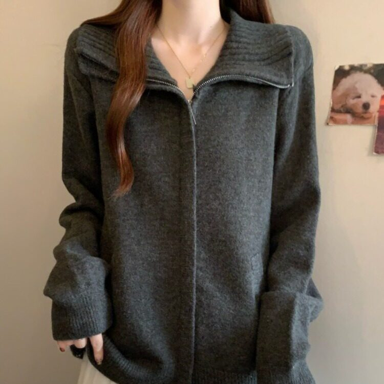 Doll Collar Sweater Coat for Autumn and Winter, Plus-Size Women's Clothing, Lazy Style, Double Zipper, Mid-Length, Loose Knit Top