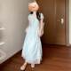 French Style Tea Break Short Sleeve Drawstring Design Sense Tight Waist Slimming Elegant Fashion dress Long Striped Skirt for Small