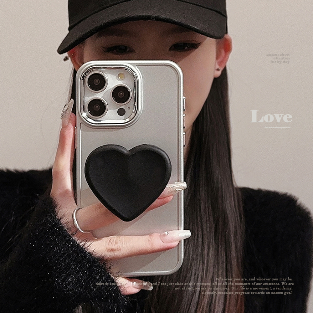 Funda para teléfono Apple iPhone 16 con soporte en forma de corazón negro 17promax, sensación de alta gama, adecuada para 11, galvanizada 12, suave 15.