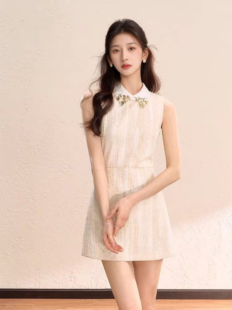 Váy không tay màu be mới mùa hè eo cao thanh lịch dáng ngắn ZX M4148 — Màu trắng be