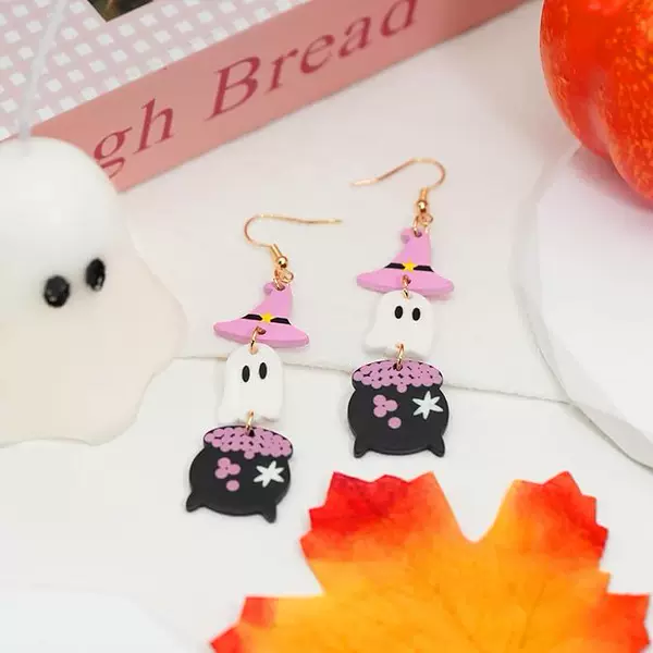 European and American Cross-Border Halloween Witch Hat Earrings Cross-Border Distribution Mixed Batch Cartoon Ghost Acrylic Ear Hooks