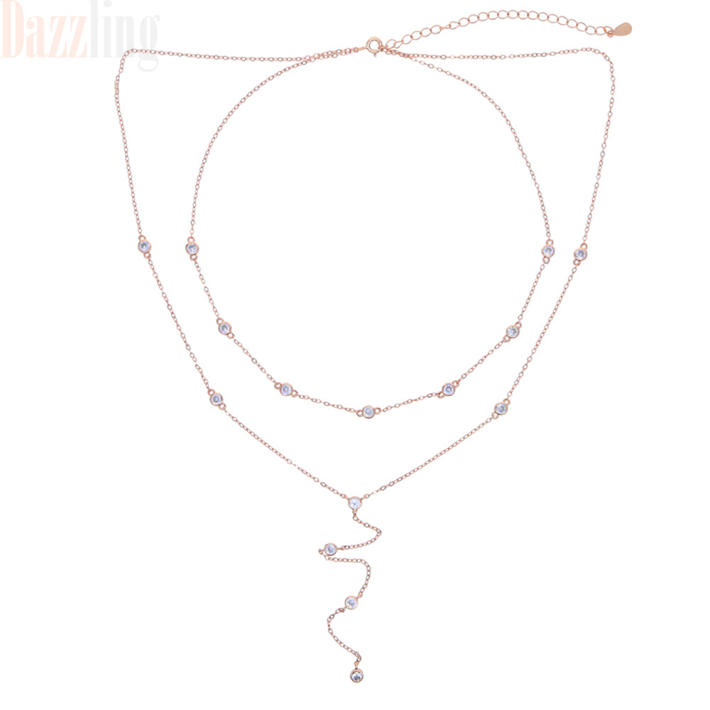 Women’s Round Zircon Double Chain Pendant Necklace Simple Versatile_voghion.com