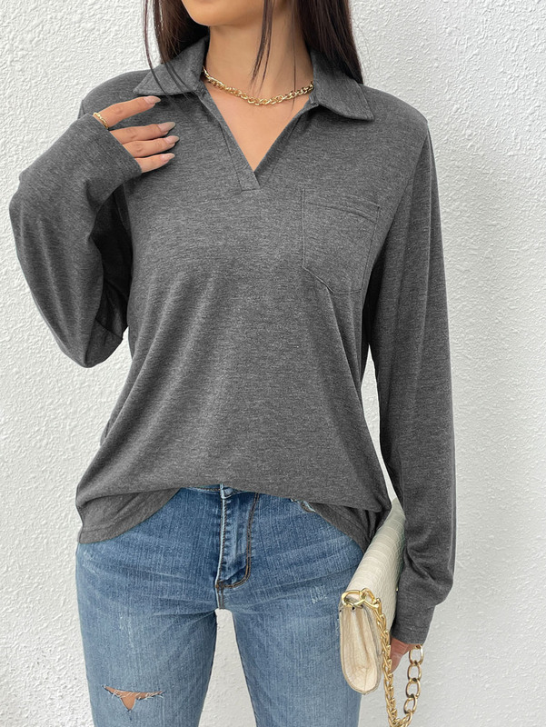 2025年クロスボーダーアマゾン独立系婦人服春秋新作長袖シンプル無地ラペルルーズポケットTシャツ|undefined