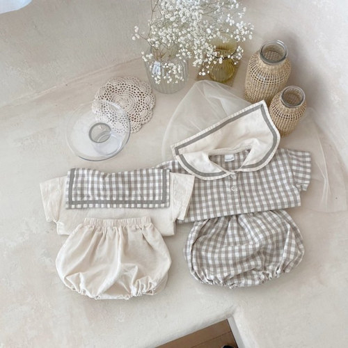  Summer Korean Style Ins Boys' and Girls' Sporty Leisure Tartan Baby Set