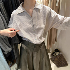 Hers韩系简约风复古条纹廓形V领长袖衬衫女时尚休闲百搭上衣92061