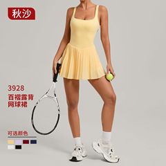 欧美大露背运动连衣裙女防走光百褶瑜伽裙户外健身网球裙 3928