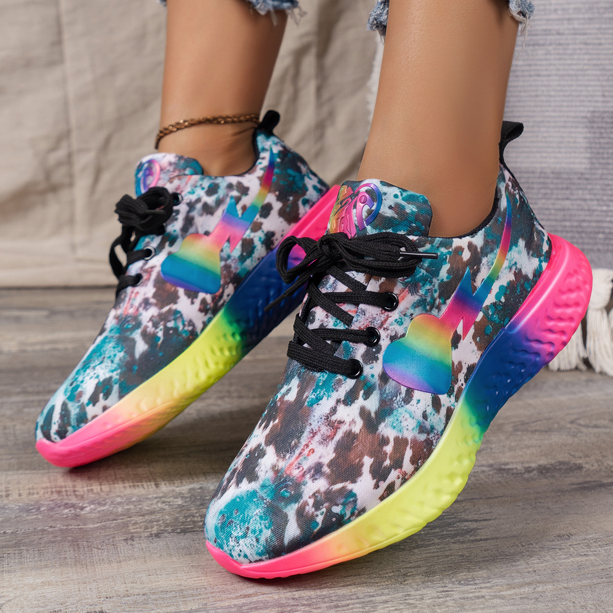 2024 comercio exterior nuevas zapatillas deportivas de tamaño grande con patrón de leopardo arco iris, zapatillas deportivas de cabeza redonda casuales, zapatillas deportivas de mujer