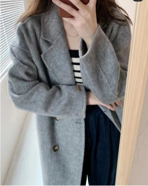 灰色韩系双面羊绒大衣女新款秋冬高级感羊毛外套小个子中长款|undefined