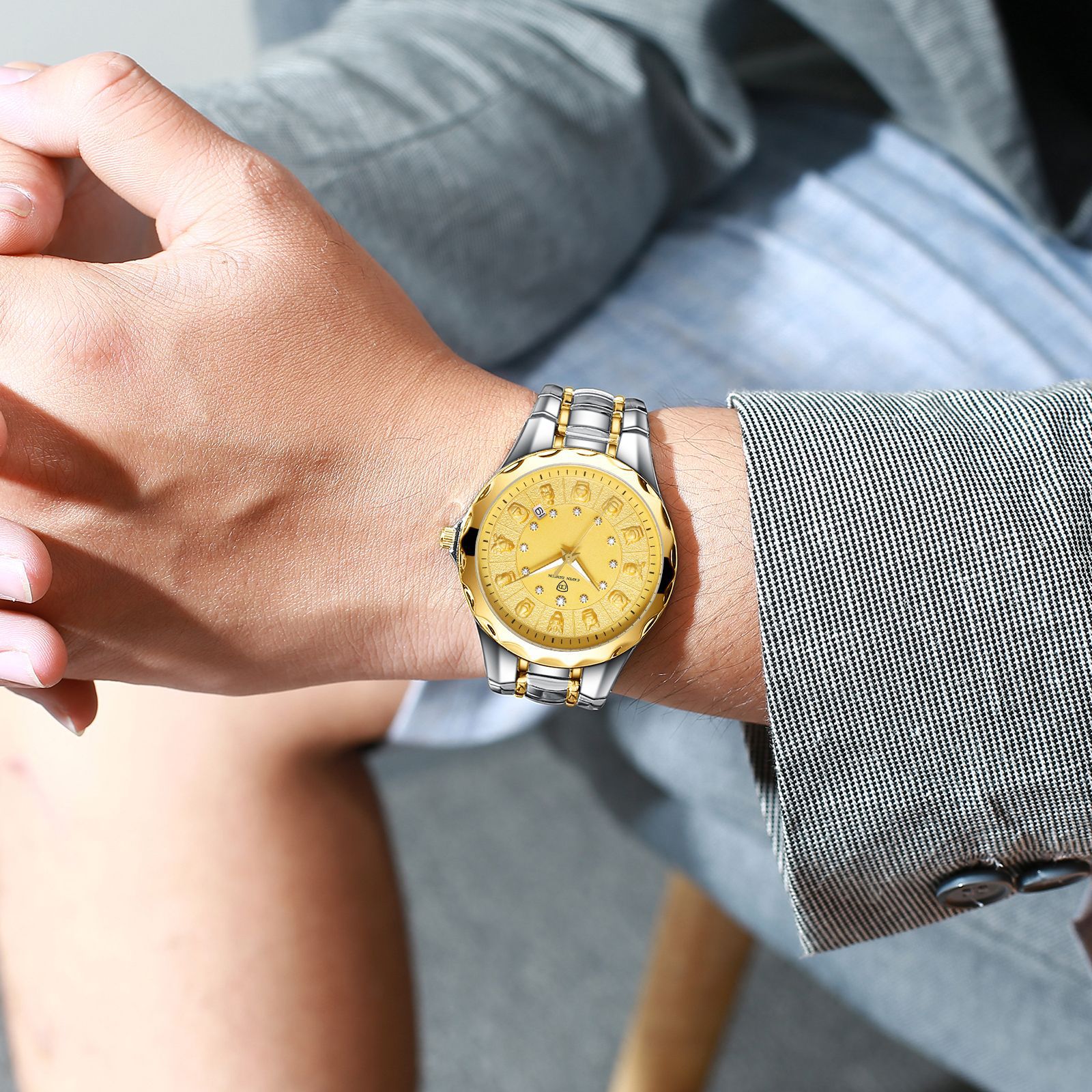 Reloj de pulsera para hombre, con esfera grande y escala 12, con el zodíaco chino, correa de acero, resistente al agua, de cuarzo._voghion.com