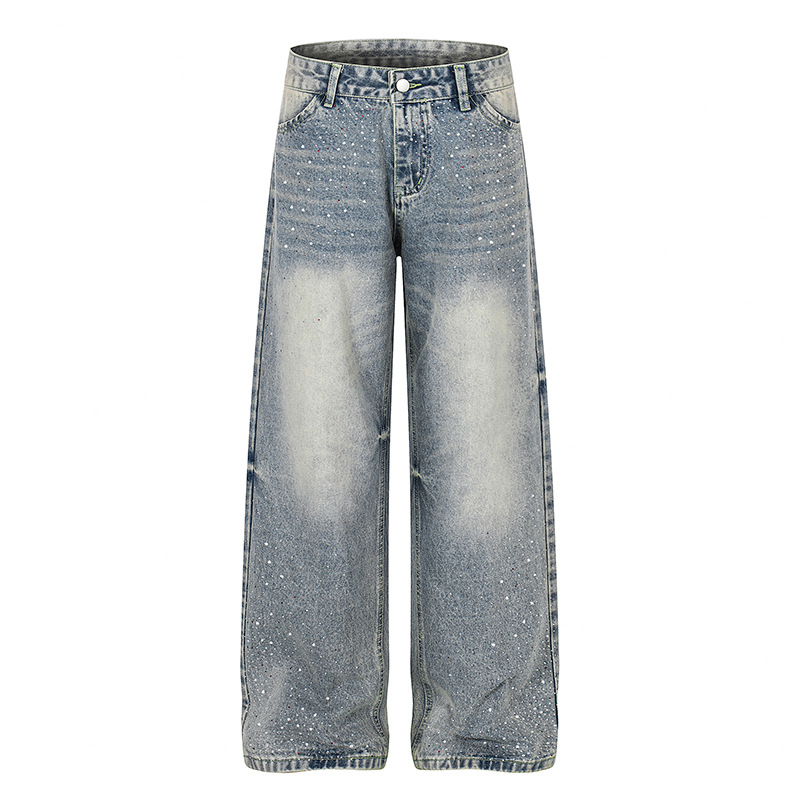 Retro Washed Rhinestone Straight Leg Jeans Loose Fit Casual Versatile Men Women High-End Design Summer Style_viptrois.com