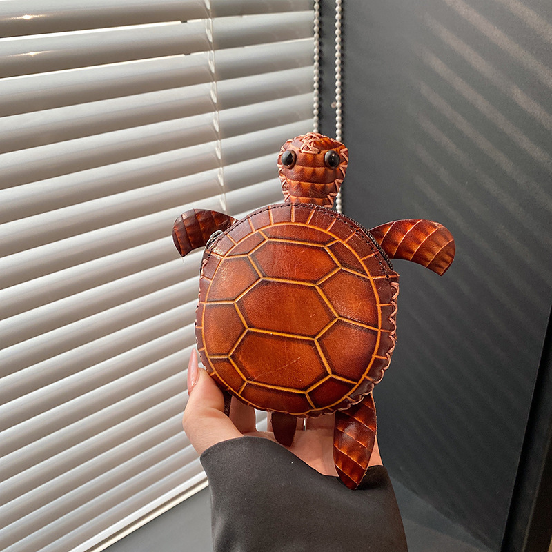 Handmade Vegetable-Tanned Leather, Simple, Fashionable and Cute Hand-Held Oblique Hanging Women's Bag, Cartoon First-Layer Cowhide Turtle Coin Purse