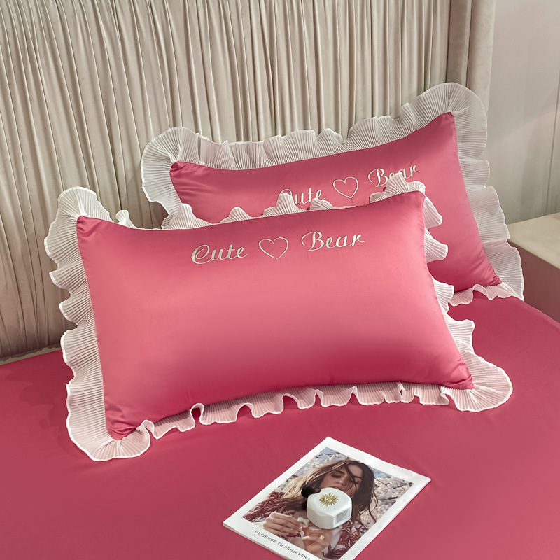 Funda de almohada de seda de hielo de verano estilo princesa, un par de fundas de almohada de encaje lavables, estilo fresco de verano 48cm x 74cm